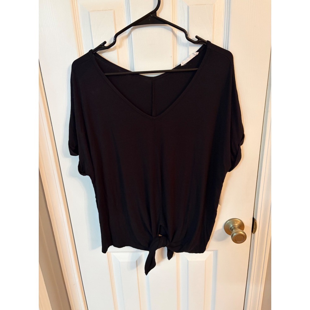 Wasabi + Mint Top Women Large Black V-Neck Front Tie Short Sleeve Dolman Tee